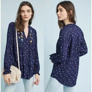 Vanessa Virginia Top Ashton Navy Blue Jeweled Embellished Long Sleeve Size 8